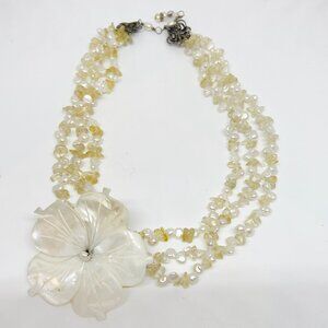 Vintage Mother of Pearl Choker w Large Carved Blossom & Sterling Silver Clasp
